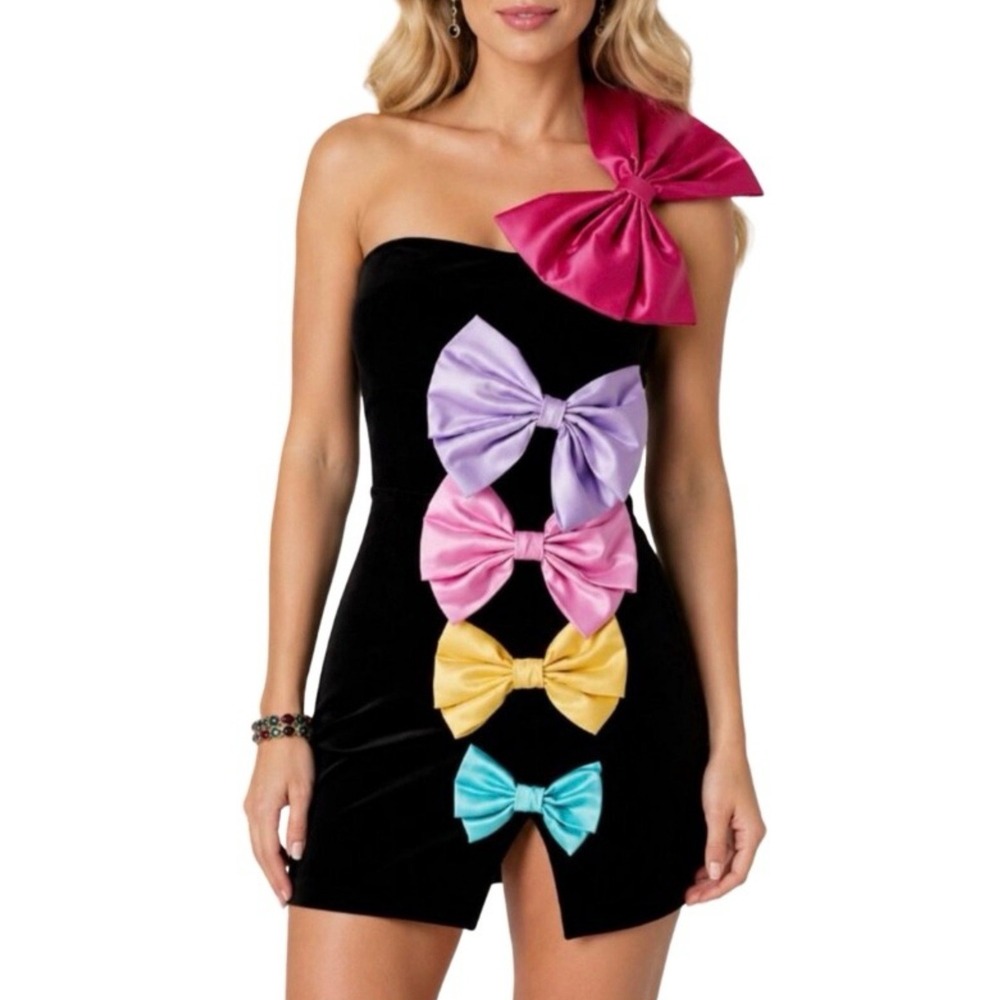 Johnny Wujek NWT Black Velvet Bow Mini Dress S As Seen on GMA Homecoming Prom